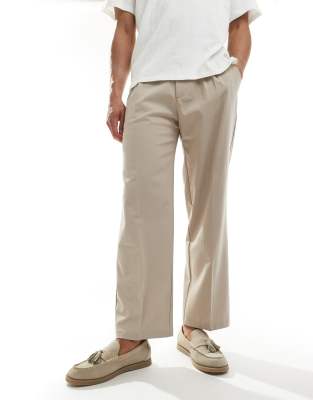 Pull & Bear Wide Leg Tailored Pants In Ecru-neutral