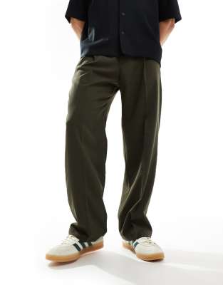 Pull & Bear Wide Leg Tailored Pants In Khaki-green