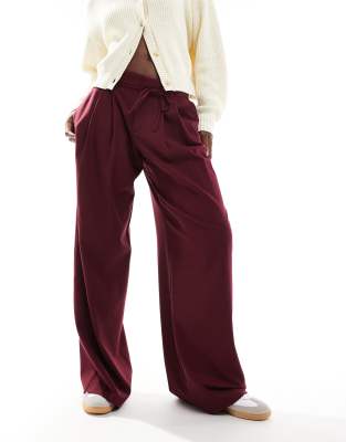 Pull & Bear Wide Leg Tailored Pants With Tie Waist In Burgundy In Red