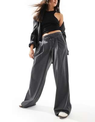 Pull & Bear Wide Leg Tailored Pants With Tie Waist In Charcoal-gray