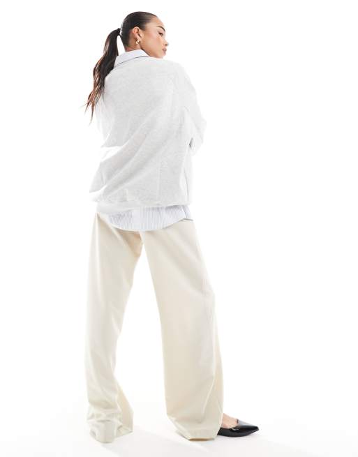 Pull&Bear wide leg tailored trouser in ecru, 4 of 4