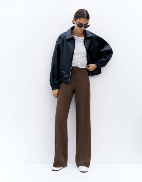 Pull&Bear wide leg tailored trousers in brown - view 1