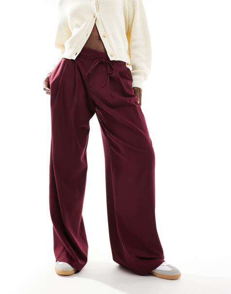 Pull&Bear wide leg tailored trousers with tie waist in burgundy - view 1