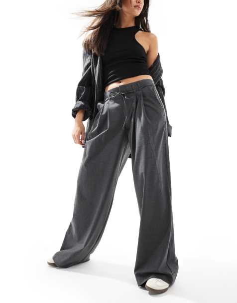 Pull&Bear wide leg tailored trousers with tie waist in charcoal - view 1