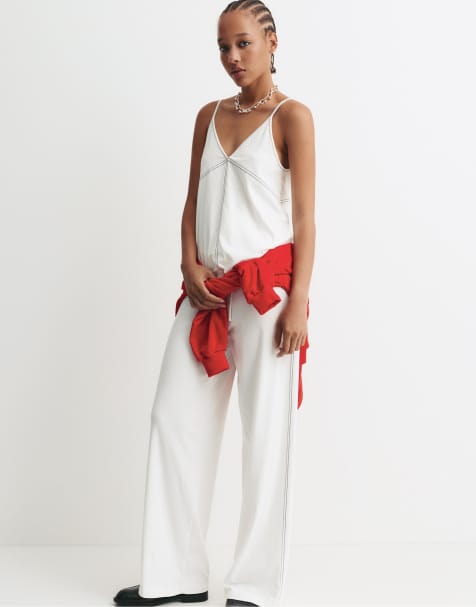 Pull&Bear Wide-leg topstitched pants in white - view 1