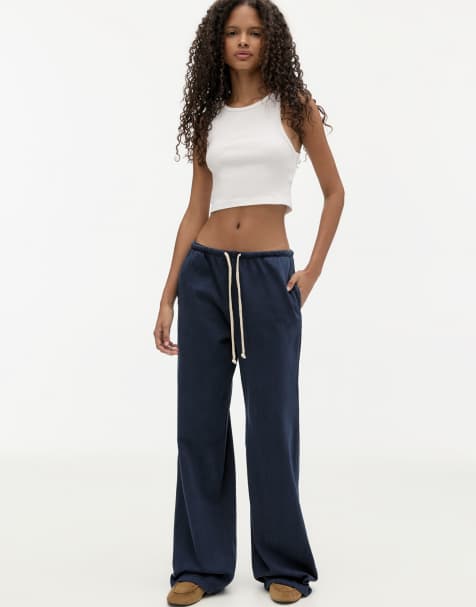 Pull&Bear wide leg tracksuit bottoms with contrast drawstring in navy - view 1
