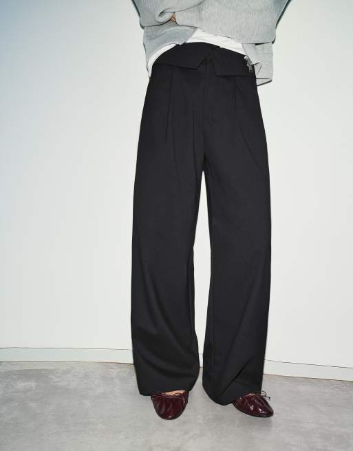 Pull&Bear Wide-leg trousers with a rolled waist in black, 4 of 6