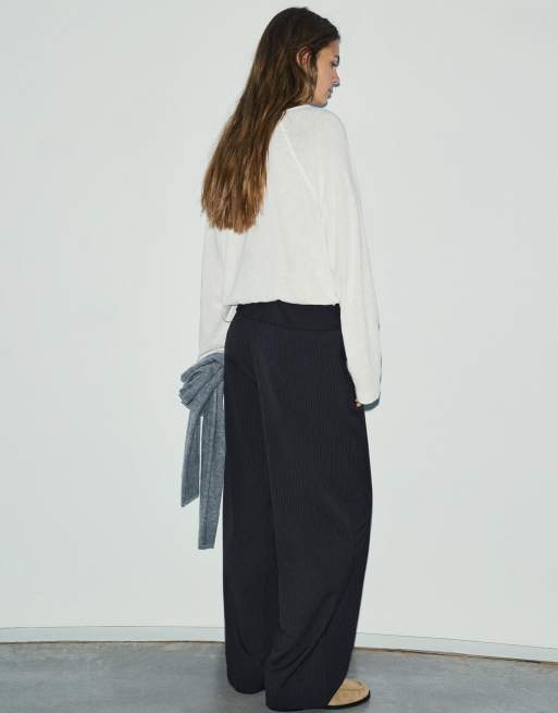 Pull&Bear Wide-leg trousers with a rolled waist in striped, 3 of 7