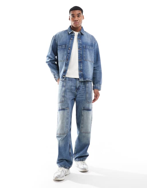 Pull&Bear wide leg washed jeans in mid blue (part of a set) 