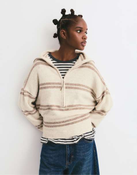 Pull&Bear Wide neck zip-up sweater in sand - view 1