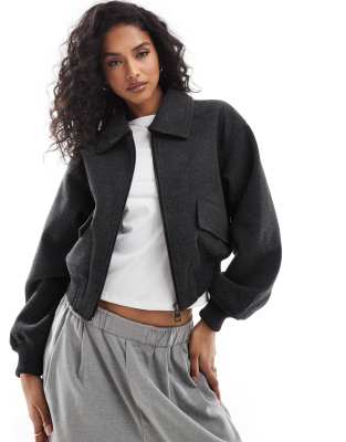 Buy Pull Bear wool look bomber jacket in black Online