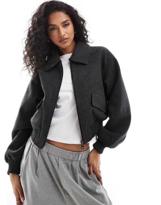 Pull&Bear wool look bomber jacket in black