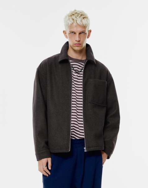 Pull&Bear Wool overshirt with zip in chocolate - view 1