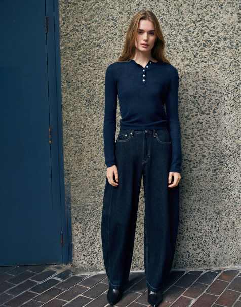 Pull&Bear Wool rich Fine-knit henley-neck jumper in navy  - view 1