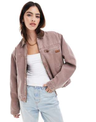 Pull & Bear - Worker-Jacke in verwaschenem Mauve mit Cordkragen-Lila