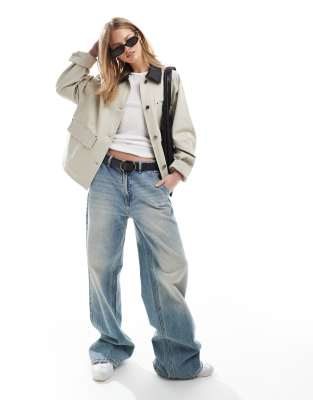 Pull & Bear Worker Jacket With Cord Collar In Brown