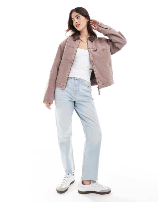 Pull Bear worker jacket with corduroy collar in washed mauve