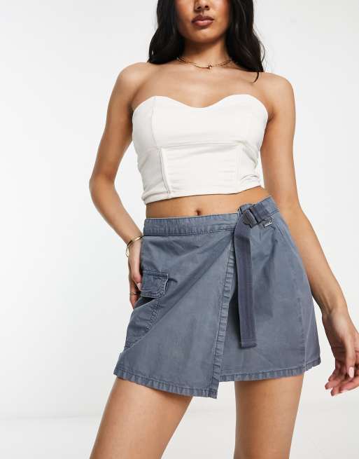 Pull&Bear wrap cargo mini skirt in petrol blue