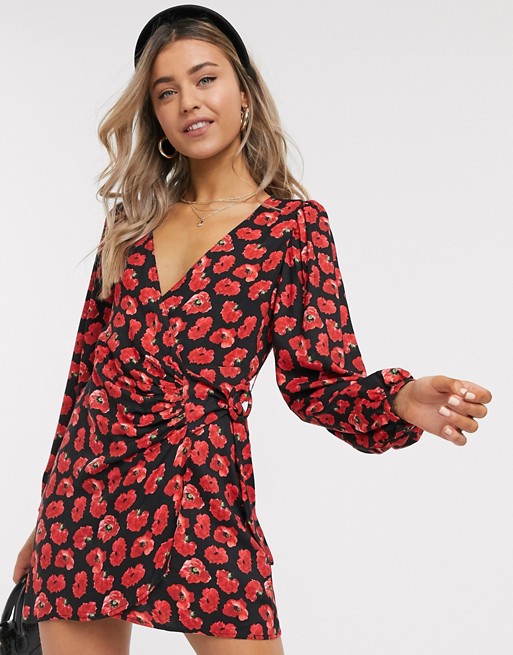 Pull&Bear wrap dress in bold red floral print