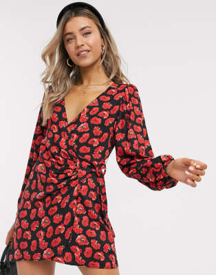 red floral long sleeve wrap dress