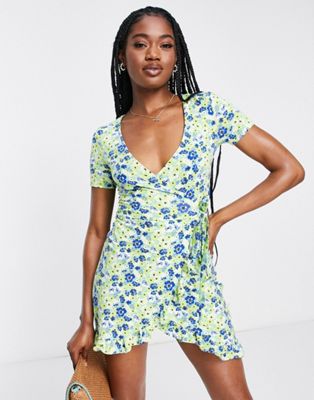 Pull&Bear wrap front floral mini dress in blue
