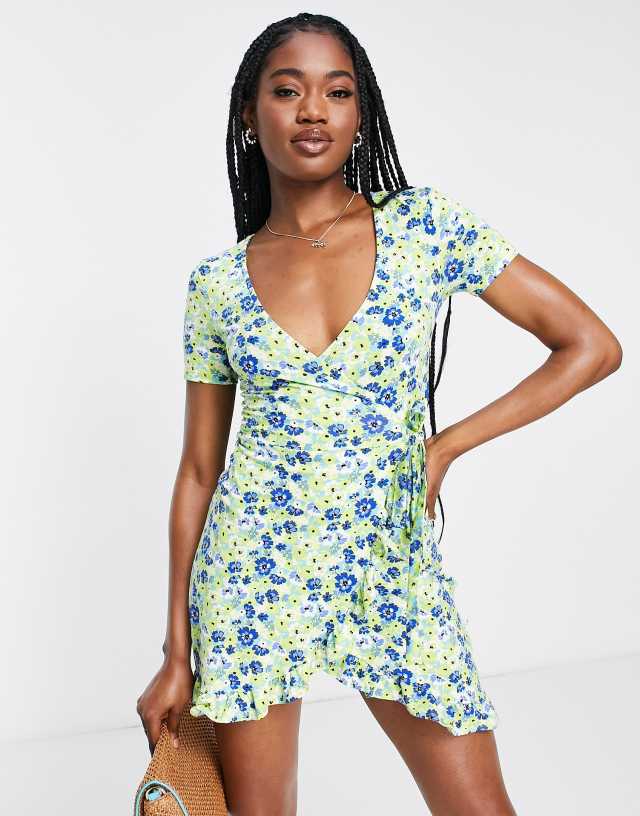 Pull&Bear wrap front floral mini dress in blue