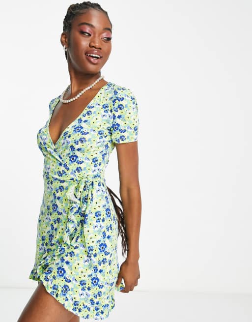 Pull&Bear wrap front floral mini dress in blue | ASOS