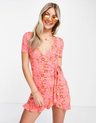 Pull&Bear wrap front floral mini dress in red | ASOS