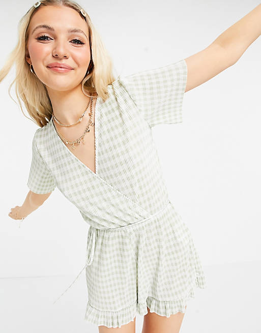 Women Pull&Bear wrap front gingham playsuit in green 