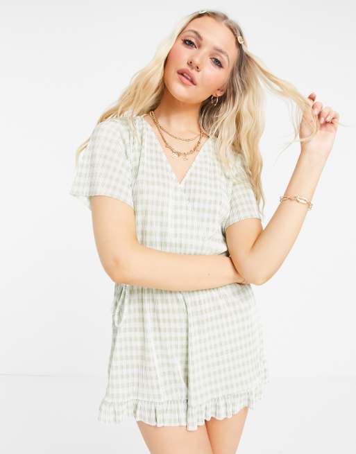 Pull&Bear wrap front gingham romper in green
