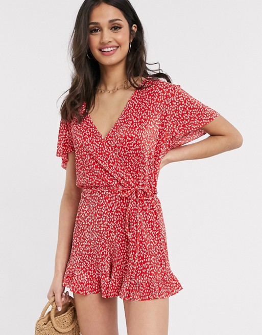Pull&Bear wrap front playsuit in red floral print