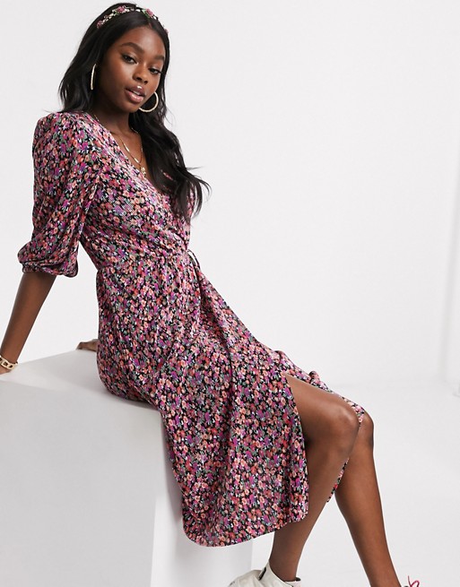 Pull&Bear wrap front plisse midi dress in pink floral print