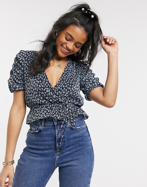 Pull&Bear wrap front top in blue floral print