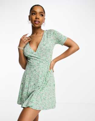 Pull&Bear wrap mini dress in green ditsy floral