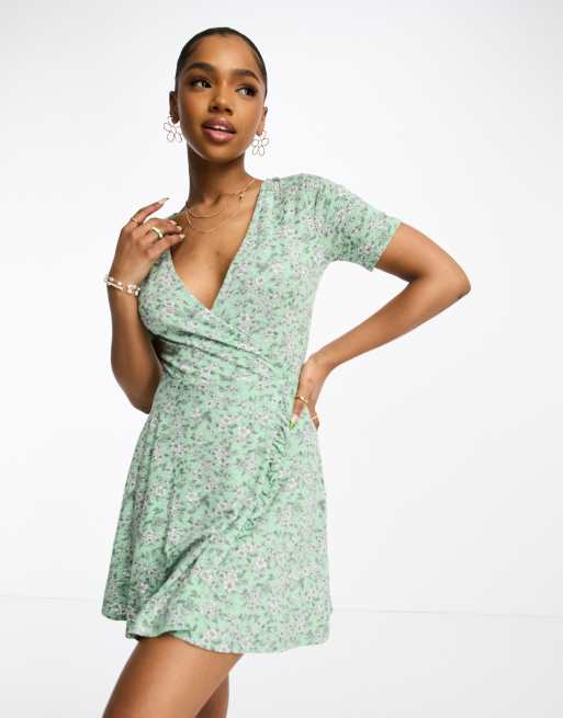 Green wrap shop floral dress