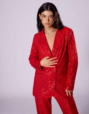 Pull & Bear x Dixie D'Amelio - Blazer in Rot mit Pailletten, Kombiteil