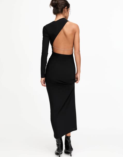 Pull&Bear x Dixie D'Amelio one shoulder maxi polyamide dress in black - view 1