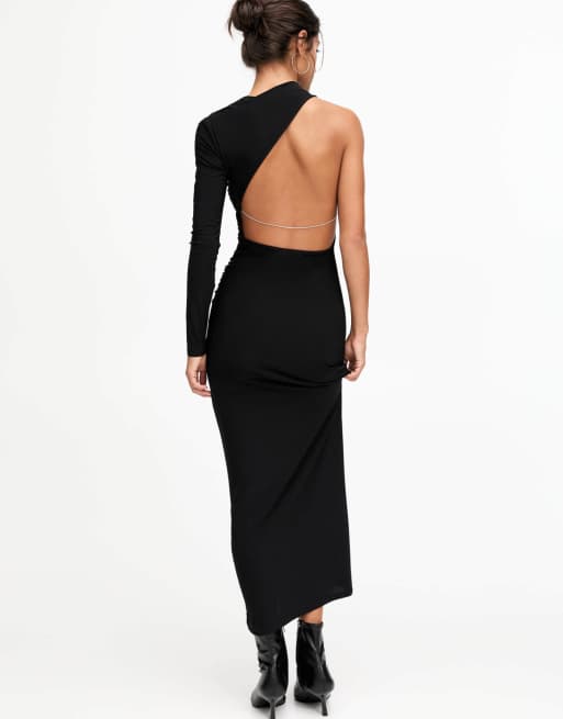 Pull&Bear x Dixie D'Amelio - Polyamide maxi jurk met blote schouder in zwart
