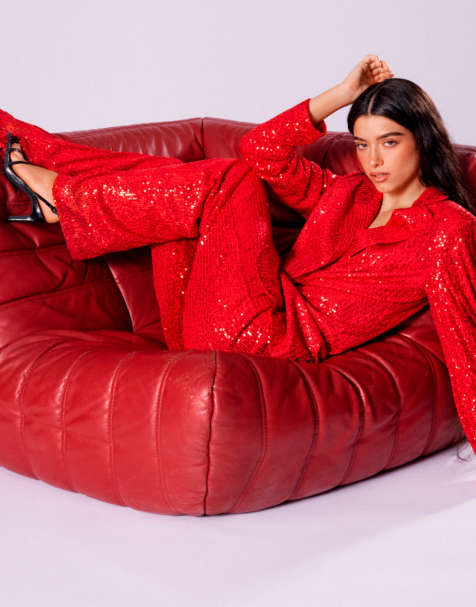 Pull&Bear x Dixie D'Amelio straight leg sequin trousers co-ord in red - view 1