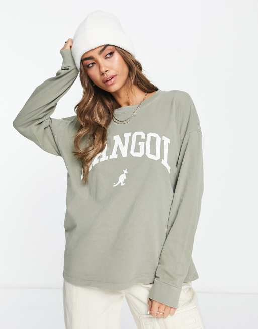 Pull&Bear x Kangol - Oversized langærmet T-shirt i khaki