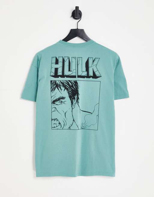 Pull&Bear x Marvel – Niebieski T-shirt z nadrukiem Hulka na plecach