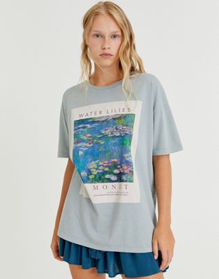 Pull&Bear x Monet graphic t-shirt in blue