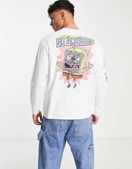 Pull&Bear x SpongeBob – Langärmliges, bedrucktes Shirt in Weiß