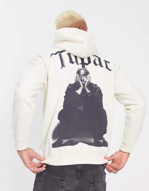 Pull&Bear x Tupac - Hoodie met Tupac-print op de achterkant in ecru