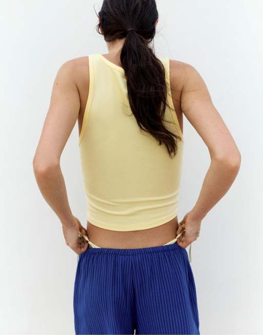Pull&Bear Yellow slogan tank top in light yellow, 2 of 4