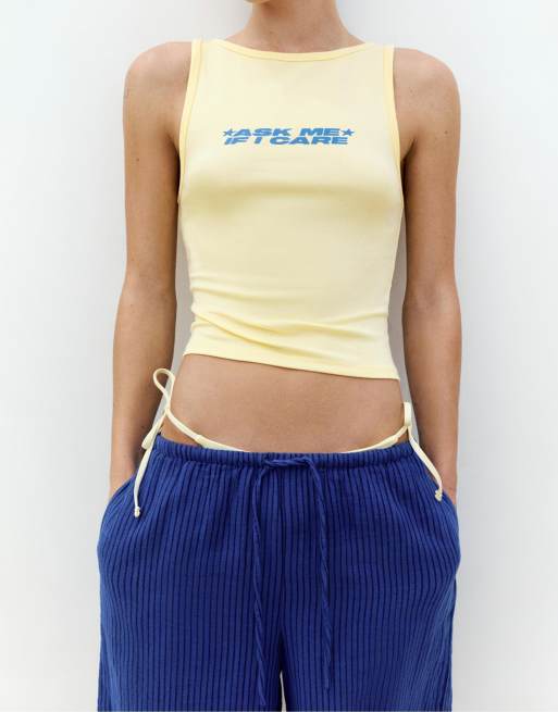Pull&Bear Yellow slogan tank top in light yellow, 3 of 4