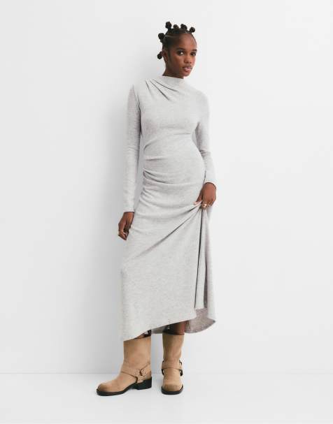 Pull&Bear - Zachte aangerimpelde midi-jurk in lichtgrijs - view 1