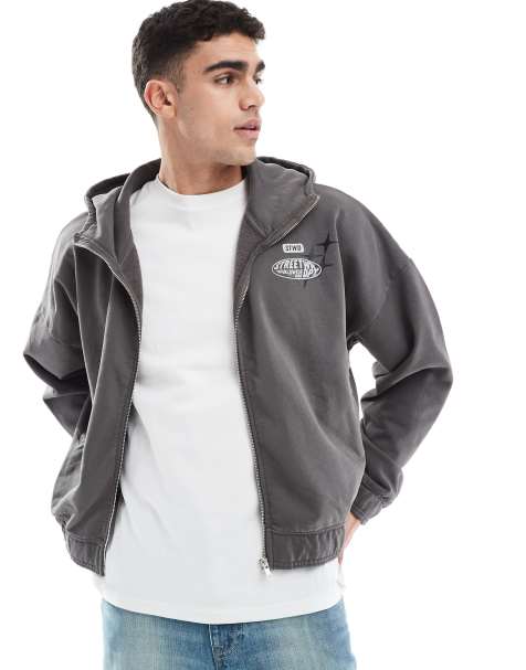 Pull&Bear – Zapinana na suwak grafitowa bluza z kapturem i nadrukiem STWD - view 1