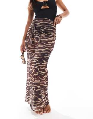 zebra print wrap round beach maxi skirt-Gray