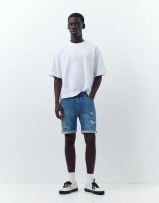 Zerrissene Bermuda-Jeansshorts in Mittelblau Blau 46